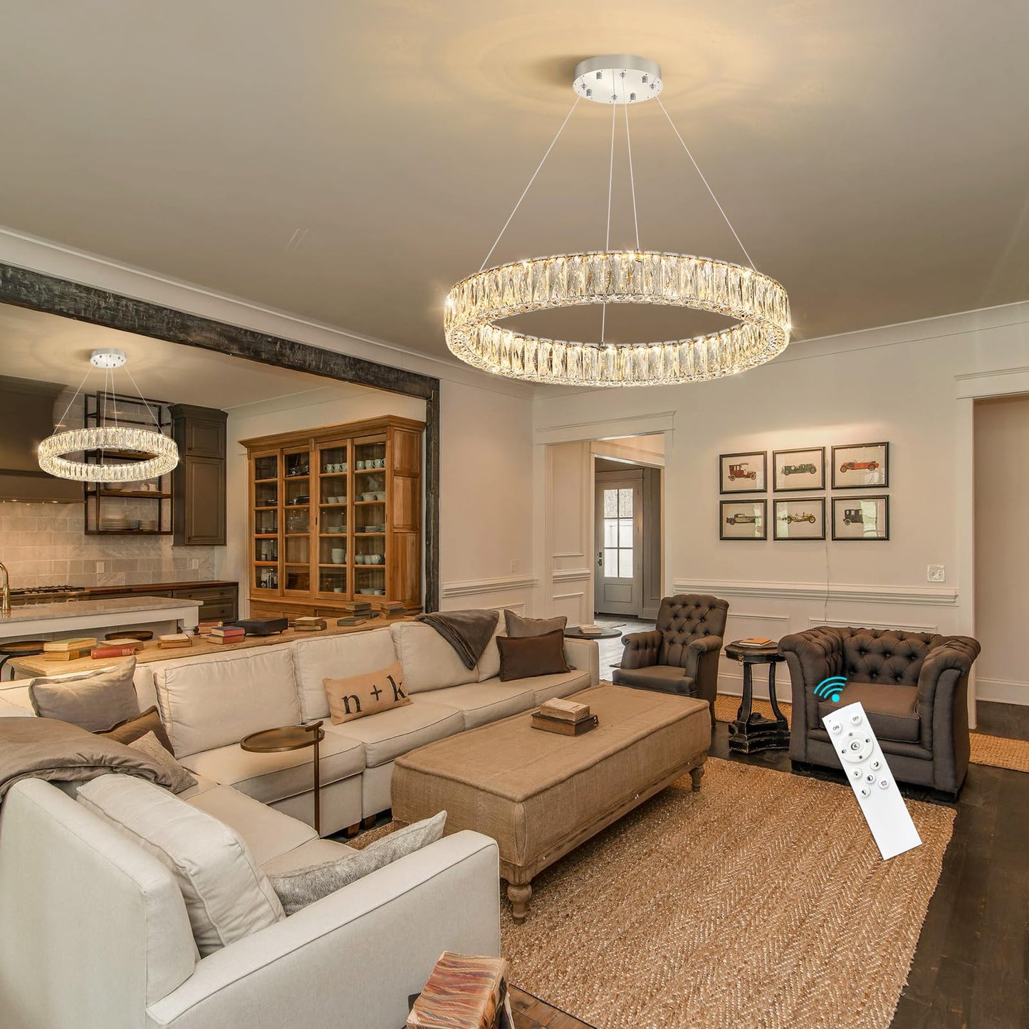 Modern Crystal Chandelier Dimmable LED Ring Pendant Lights Adjustable Glam Chandeliers Lighting Fixtures for Dining Room Living Room Bedroom Silver Light