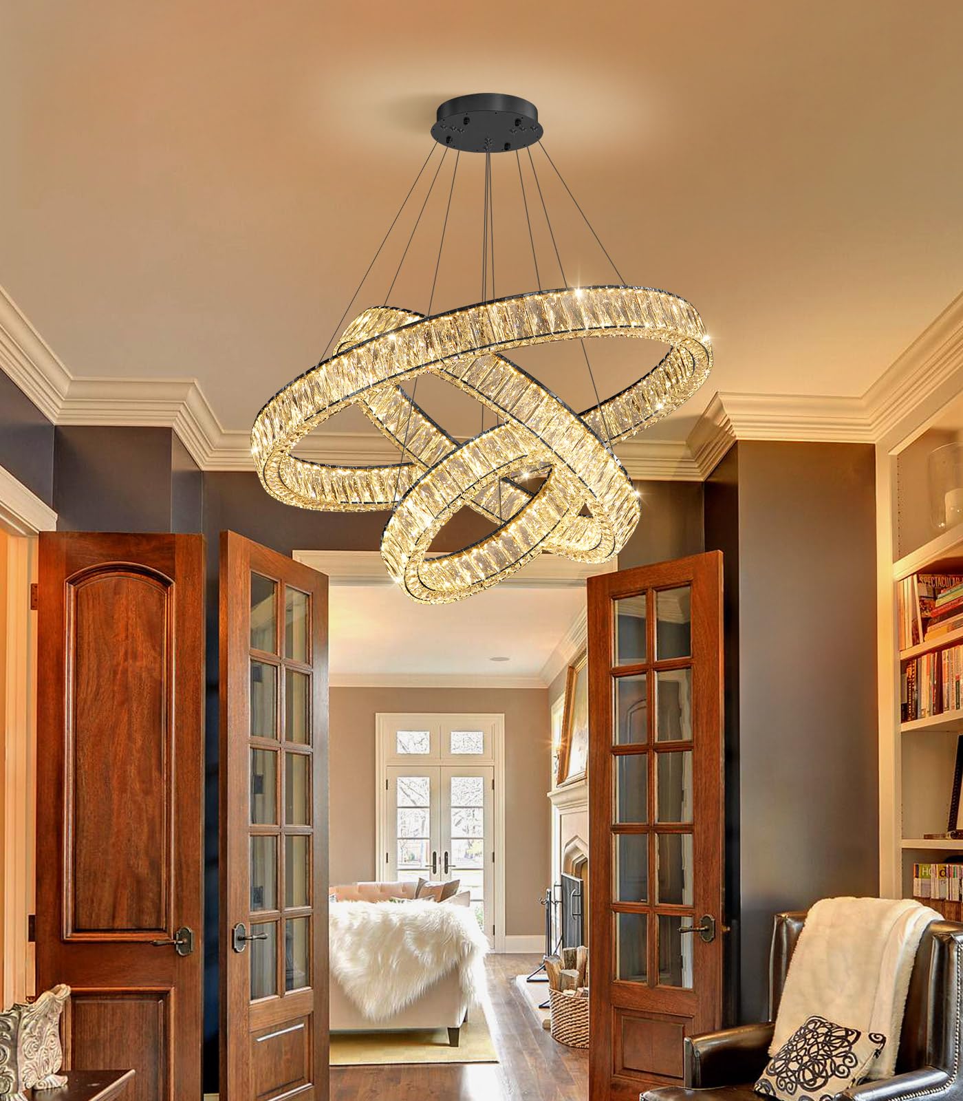 Modern Crystal Chandelier Dimmable LED Ring Pendant Lights Adjustable Glam Chandeliers Lighting Fixtures for Dining Room Living Room Bedroom Silver Light