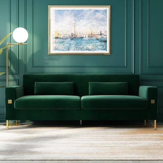85.63" Velvet Sofa,Modern Loveseat Couch with Pillows Set of 2 for Living Room,Bedroom,Apartment Furniture with Gold Metal Legs (Green)