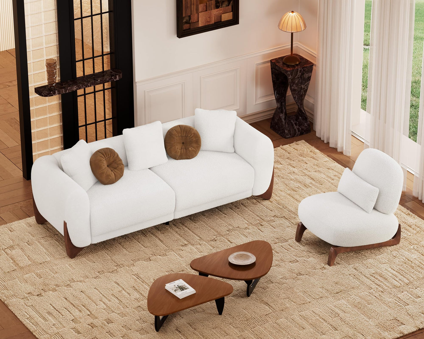 Morden Fort Modern Cloud Couch - 3 Seater Sherpa Boucle Sofa with Wood Legs, Ultra-Thick High Resilience Cushion with 3 Matching Pillows Upholstered Comfy Couch Sofa for Living Room - Off White