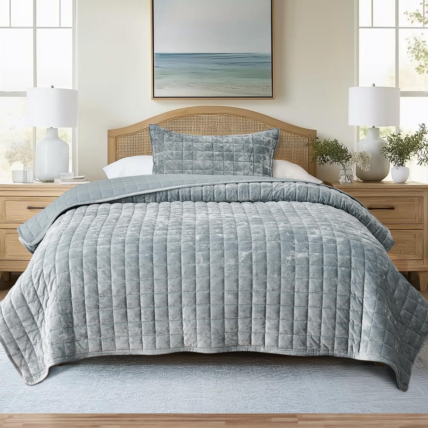 RECYCO Luxury Velvet Quilt Set King Size, Lightweight Velvet Comforter Set, Oversized Bedspread Coverlet Quilted Bedding Set, with 2 Matching Pillow Shams, for All Season, Navy Blue