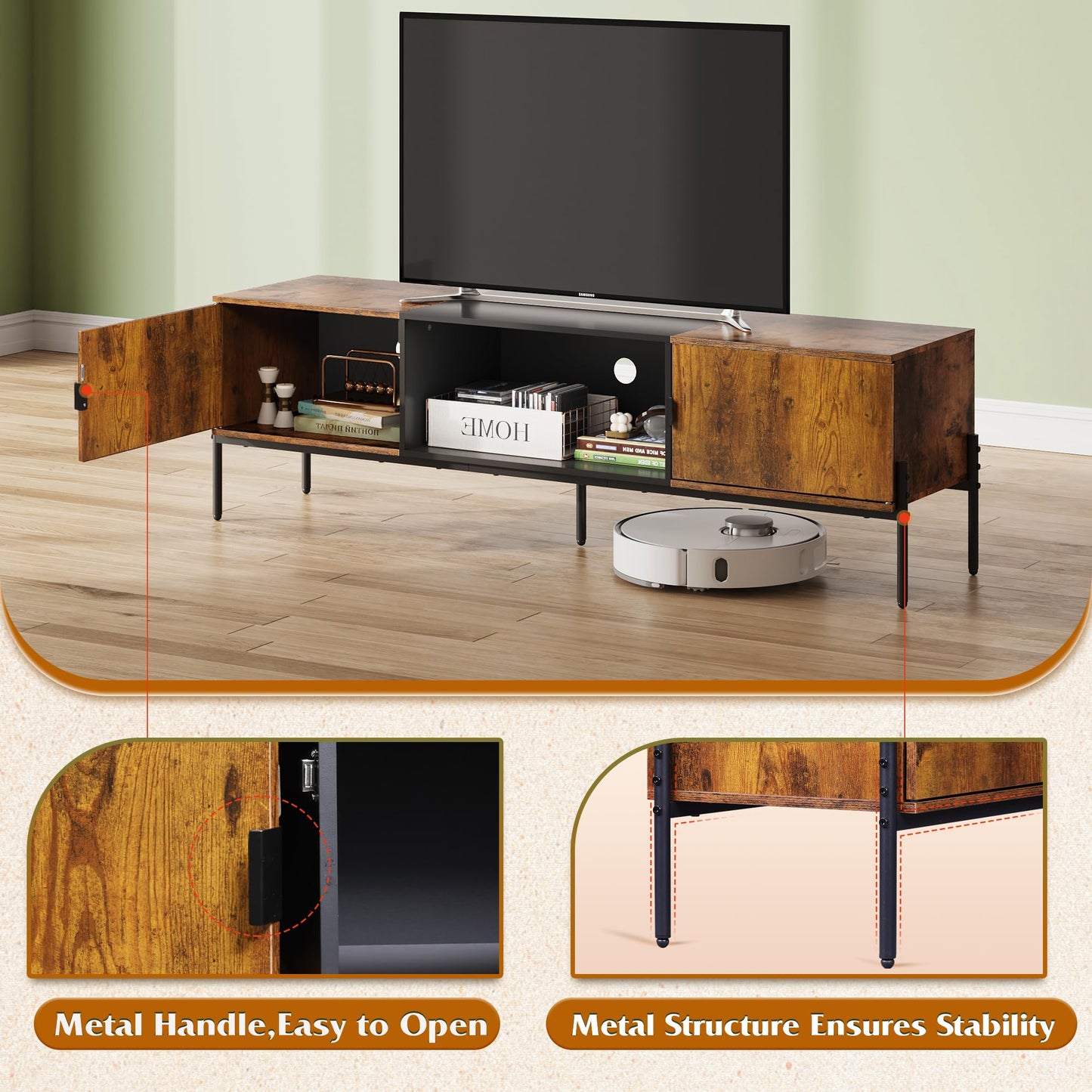 WLIVE Modern TV Stand for 65 Inch TV, Mid Century Entainment Center with Storage Cabinets, TV Console for Bedroom and Living Room, TV Cabinet with Metal Legs, White