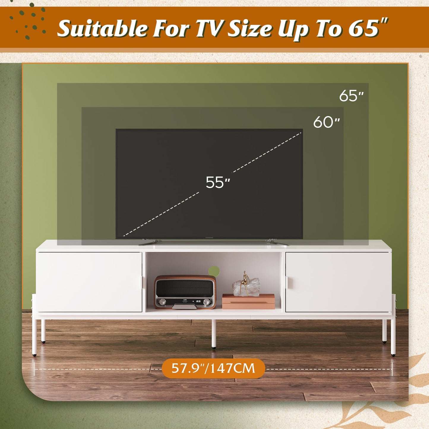 WLIVE Modern TV Stand for 65 Inch TV, Mid Century Entainment Center with Storage Cabinets, TV Console for Bedroom and Living Room, TV Cabinet with Metal Legs, White