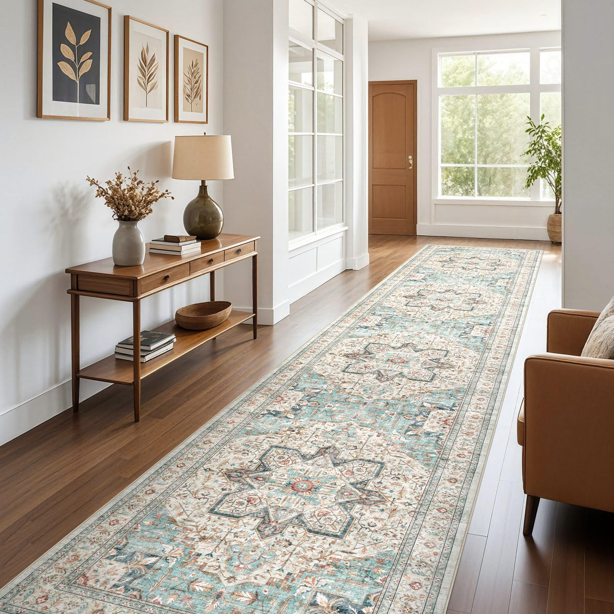 Tortania Area Rug Living Room Rugs - 9x12 Washable Boho Rug Vintage Oriental Distressed Farmhouse Large Thin Indoor Carpet for Living Room Bedroom Under Dining Table Home Office - Salmon/Azure