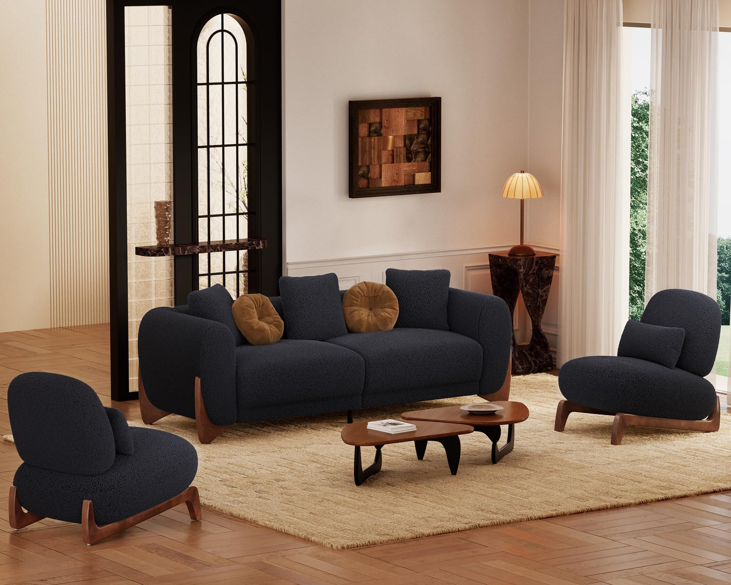 Morden Fort Modern Cloud Couch - 3 Seater Sherpa Boucle Sofa with Wood Legs, Ultra-Thick High Resilience Cushion with 3 Matching Pillows Upholstered Comfy Couch Sofa for Living Room - Off White
