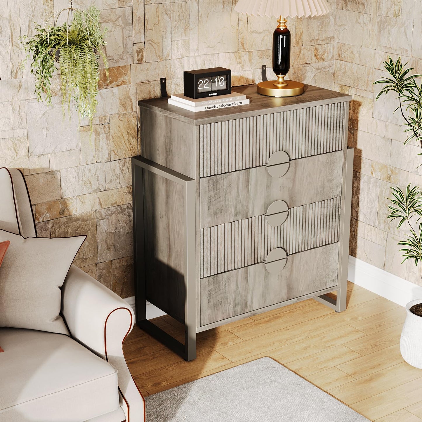 LGHM Fluted Gray Dresser for Bedroom, 50" Wide Chest of Drawers, Modern 6 Deep Drawers Dresser with Raised H Legs -Curved Profile Design, Easy Round Handles for Bedroom,Livingroom, Hallway, Gray