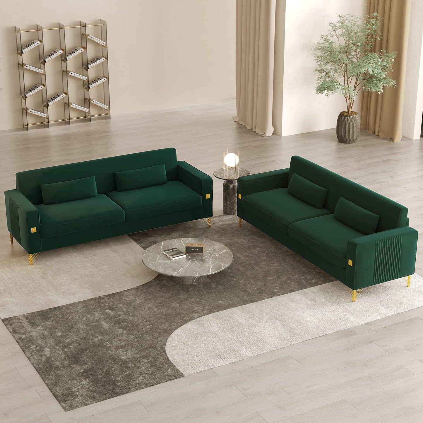 85.63" Velvet Sofa,Modern Loveseat Couch with Pillows Set of 2 for Living Room,Bedroom,Apartment Furniture with Gold Metal Legs (Green)
