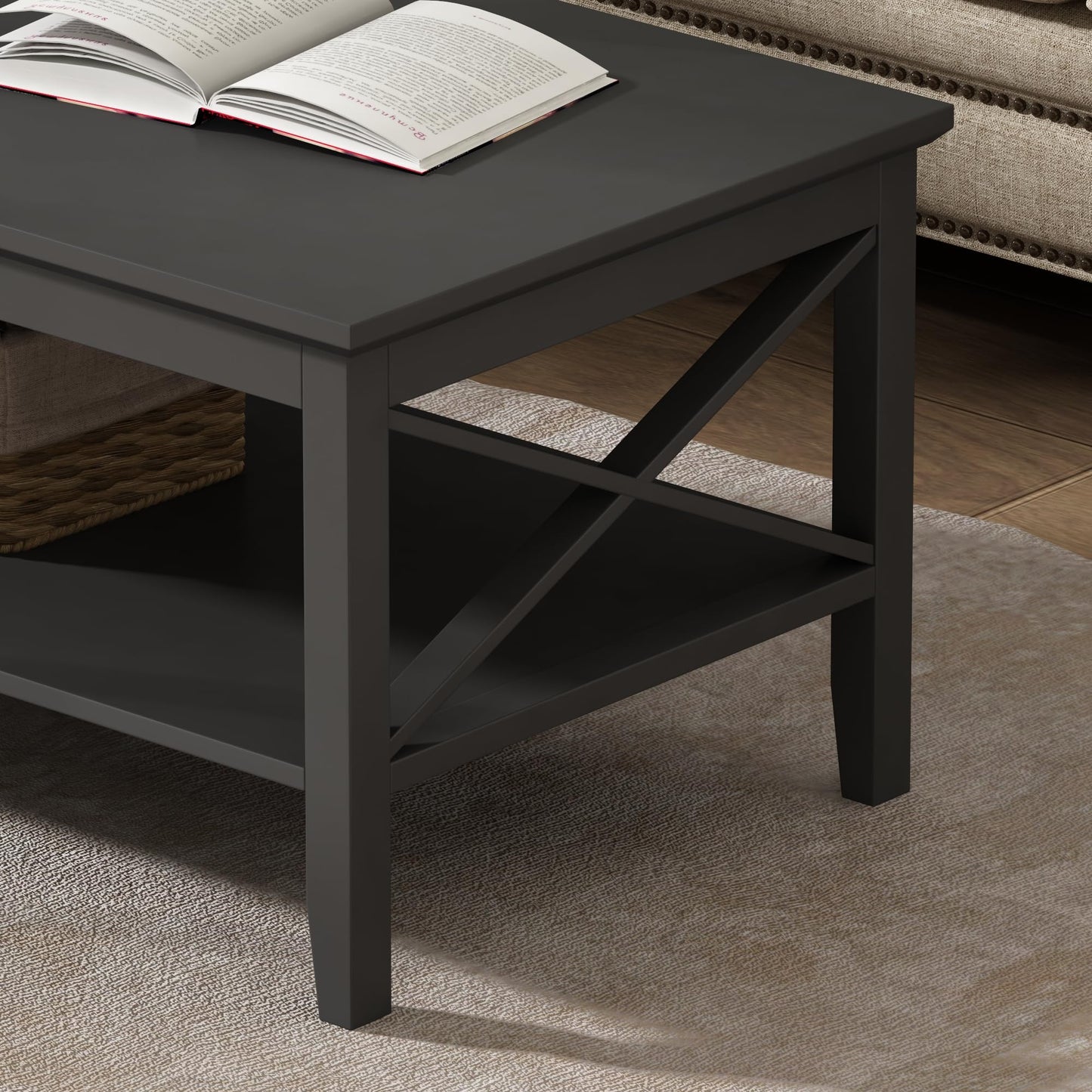 ChooChoo White Coffee Table Classic X Design for Living Room, Rectangular Modern Cocktail Table with Storage Shelf, 39 Inch