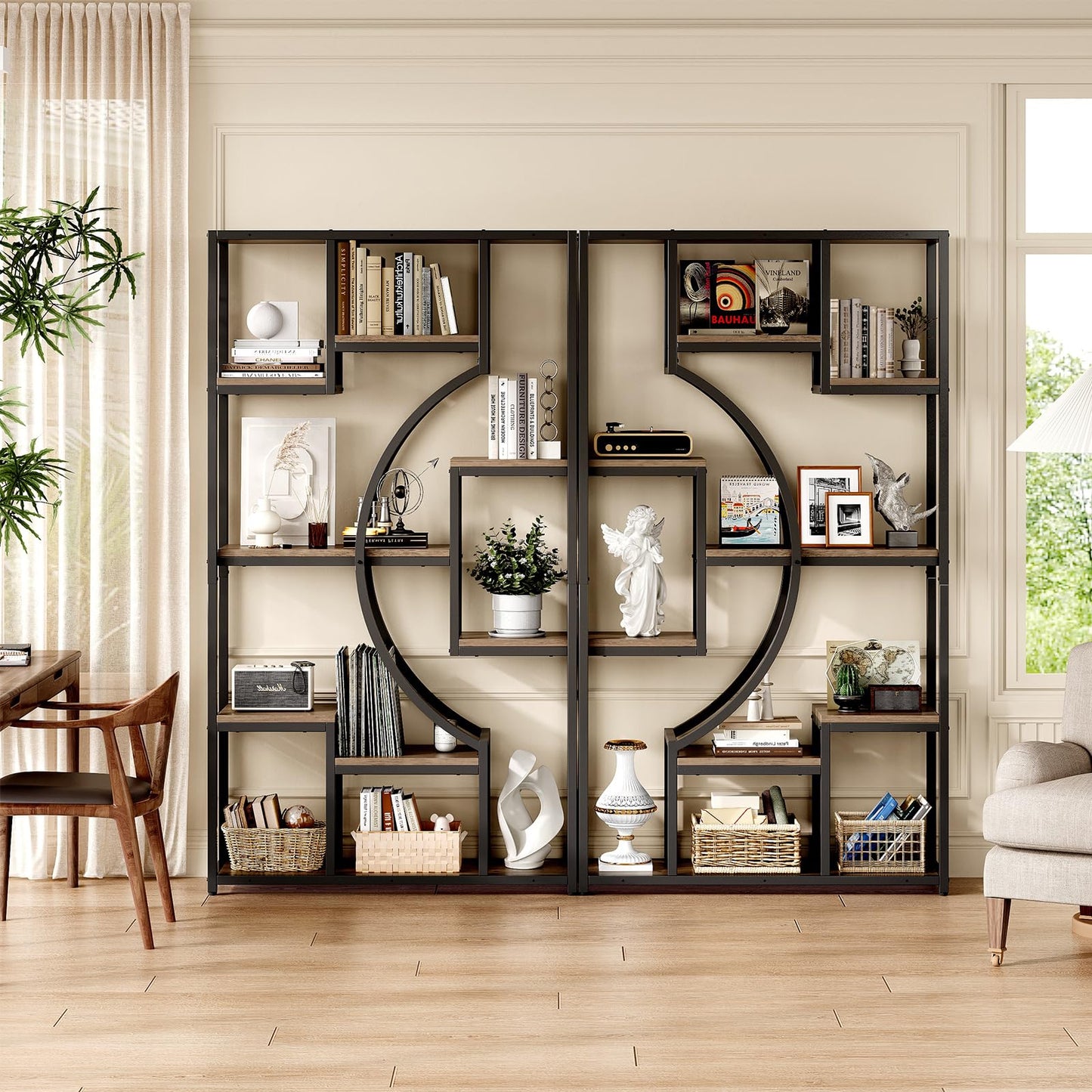70.8" Tall Bookshelf Set of 2, 79" Wide Geometric Display Shelf with 18 Open Storage Shelves, Scratch-Resistant Gray Wash & Metal Frame, for Living Room, Office, Bedroom – Anti-Tip & Adjustable Feet