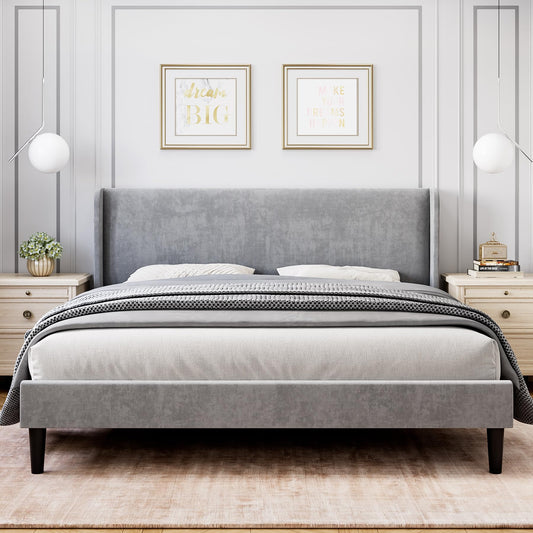 IDEALHOUSE King Upholstered Bed Frame with Wingback Headboard, Luxurious Velvet Upholstery Platform Bed, Wooden Slat Support, and Easy Assembly - Box Spring Optional, Light Gray