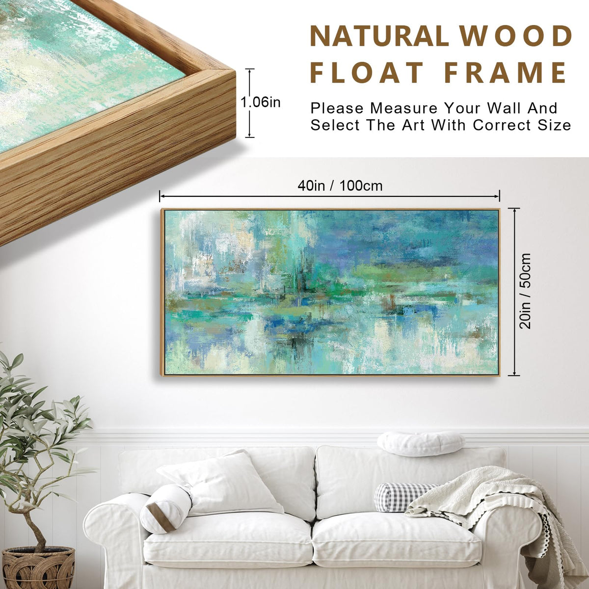 VEAEE Teal Framed Abstract Wall Art - Turquoise Green Colorful Modern Canvas Pictures, Living Room Wall Decor, Contemporary Landscape Painting Prints for Bedroom Bathroom Office Decor 20" x 40"