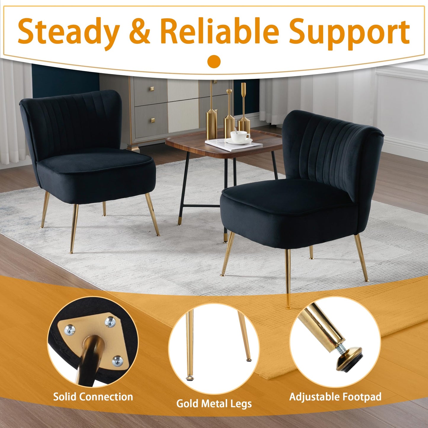 ABET Accent Chairs Set of 2, Velvet Armless Living Room Chairs with Tufted Wingback Thicken Cushion Gold Metal Legs, Comfy Upholstered Side Chairs Slipper Chairs Club Chairs for Bedroom, Beige