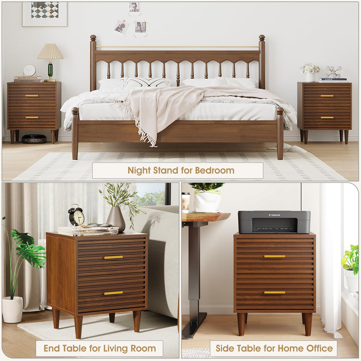Alohappy Nightstands Set of 2, Mid Century Modern Night Stands, Fluted Bedside Table for Bedroom, Side End Table with Storage Drawers, Vintage Wood Accent Table for Living Room, Brown 2pcs