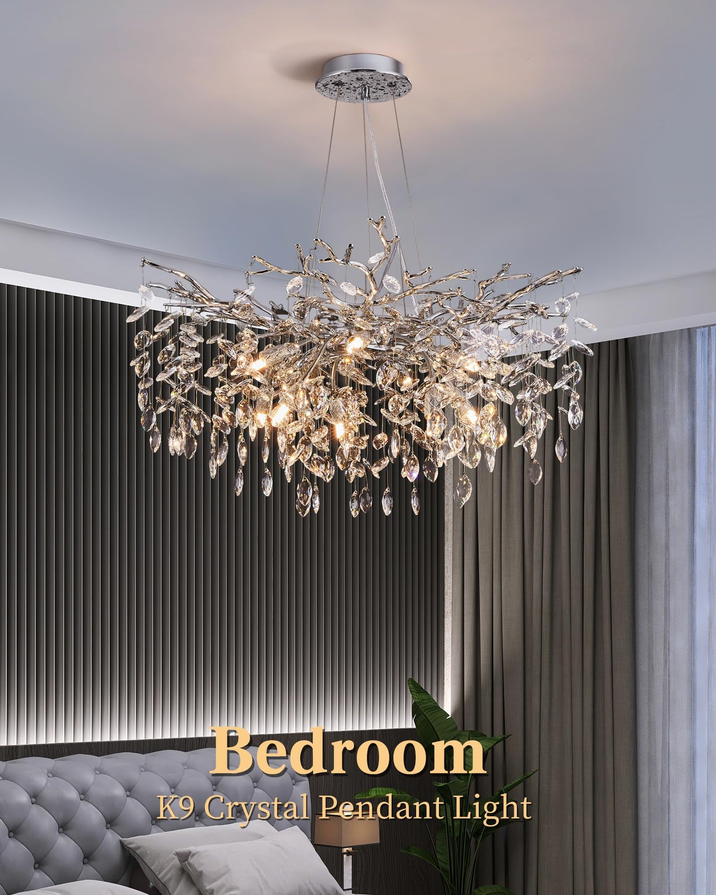 Modern Tree Branch Crystal Chandelier Luxury Silver Crystal Pendant Lighting 18" Contemporary 6-Light Chandeliers for Dining Room Kitchen Bedroom Living Room