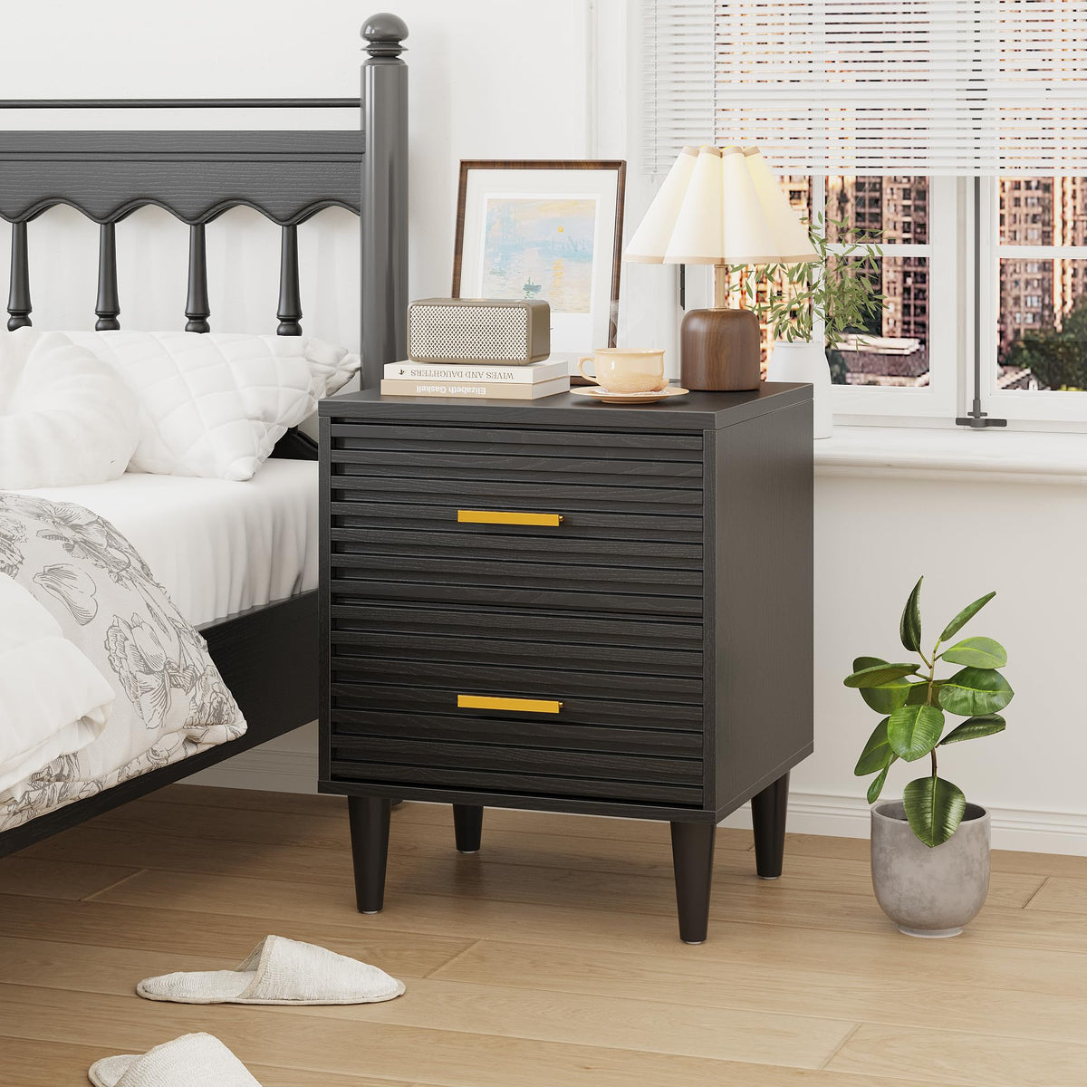 Alohappy Nightstands Set of 2, Mid Century Modern Night Stands, Fluted Bedside Table for Bedroom, Side End Table with Storage Drawers, Vintage Wood Accent Table for Living Room, Brown 2pcs