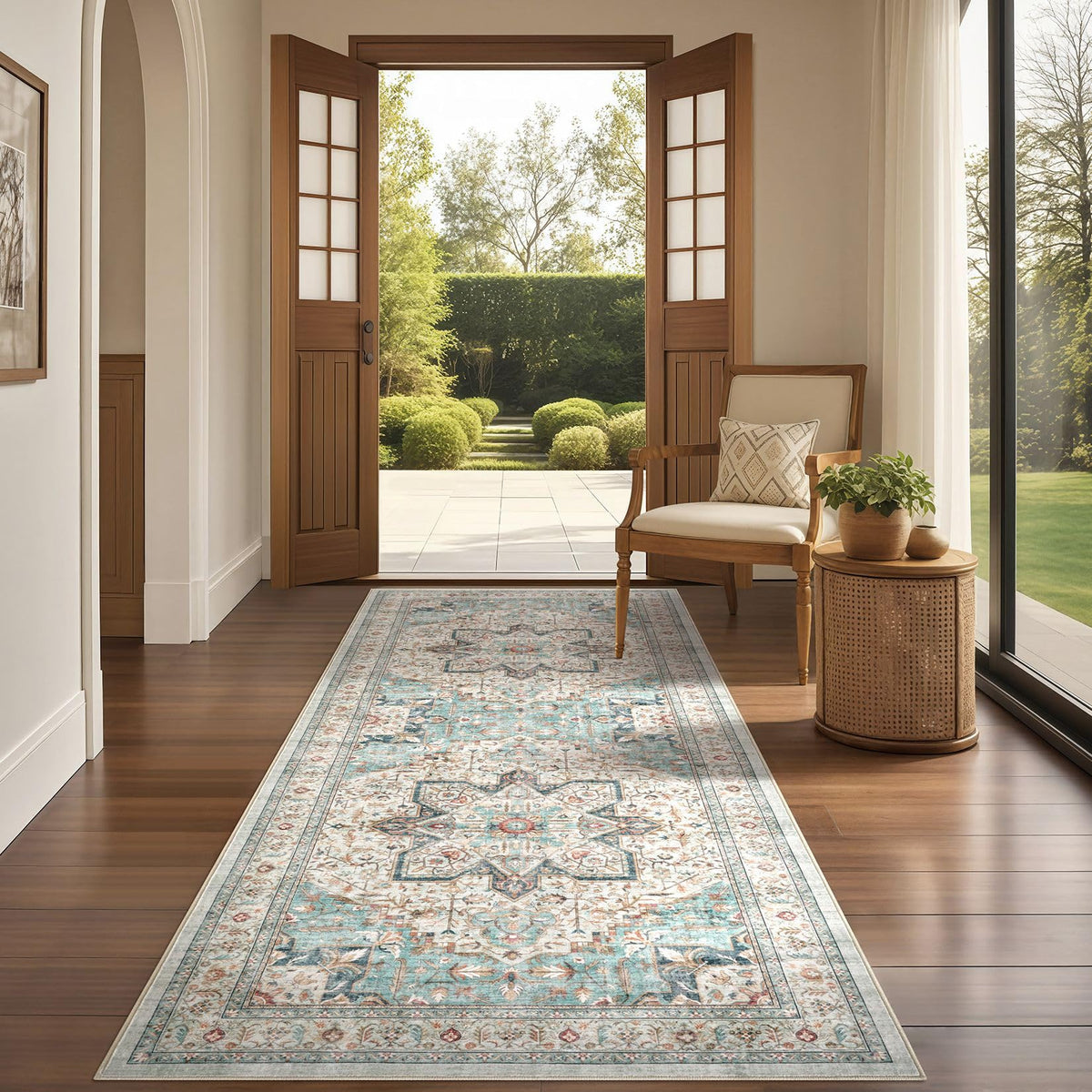 Tortania Area Rug Living Room Rugs - 9x12 Washable Boho Rug Vintage Oriental Distressed Farmhouse Large Thin Indoor Carpet for Living Room Bedroom Under Dining Table Home Office - Salmon/Azure