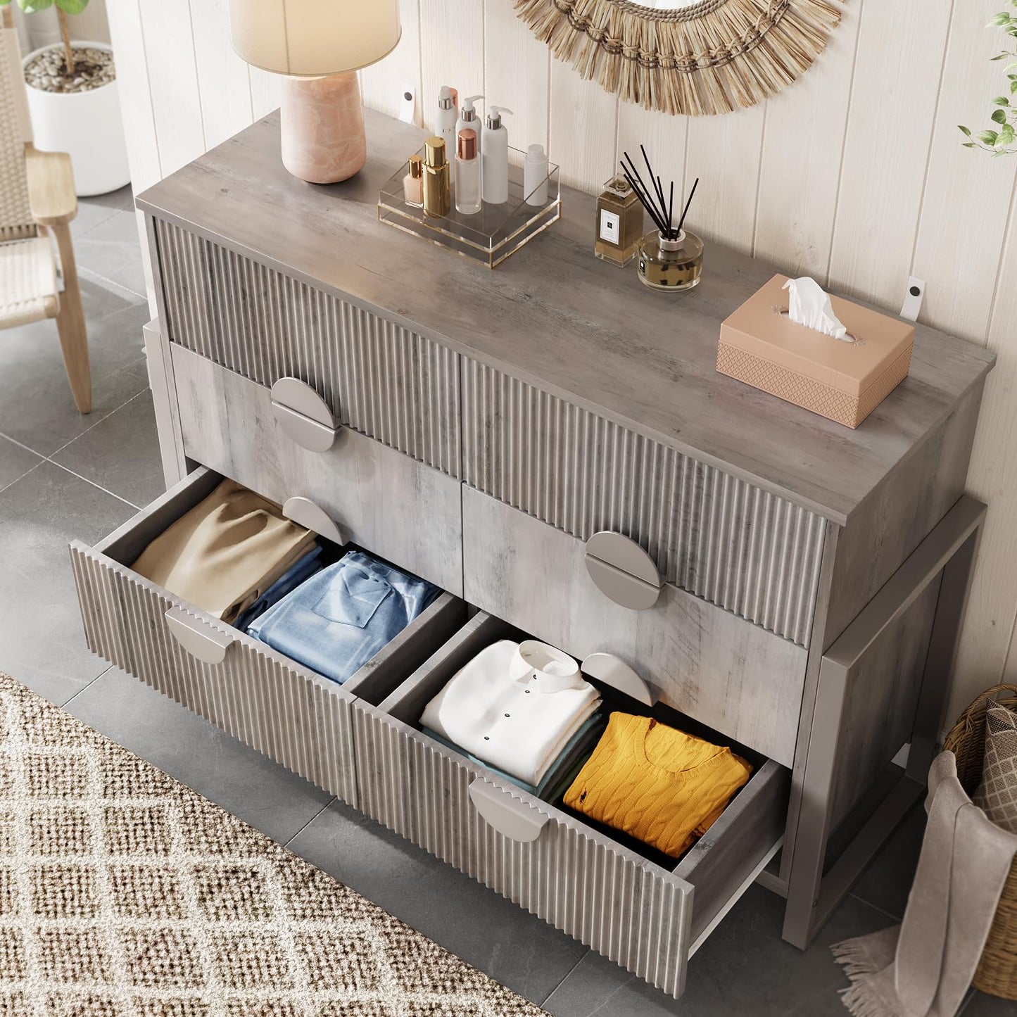 LGHM Fluted Gray Dresser for Bedroom, 50" Wide Chest of Drawers, Modern 6 Deep Drawers Dresser with Raised H Legs -Curved Profile Design, Easy Round Handles for Bedroom,Livingroom, Hallway, Gray