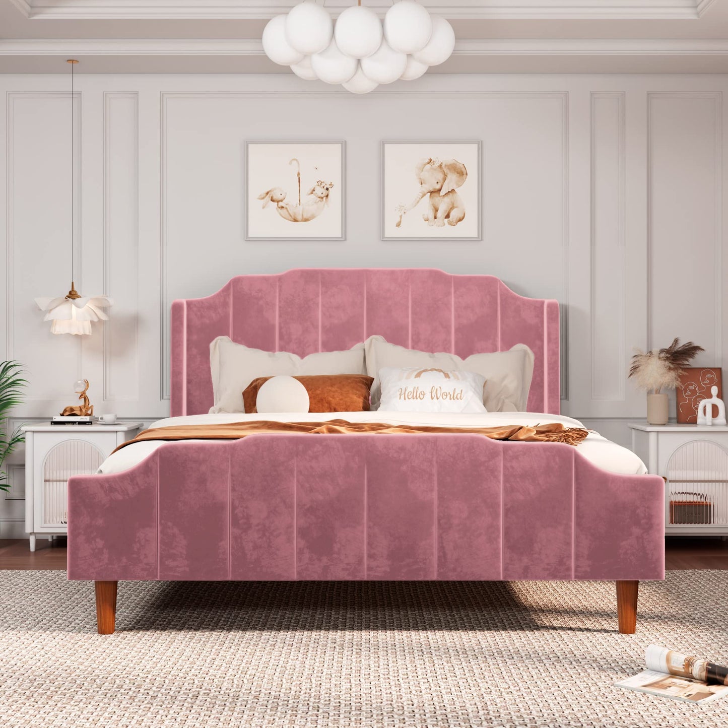 Allewie Queen Size Velvet Bed Frame Upholstered Platform Bed with Vertical Headboard and Footboard, Solid Wood Leg and Strong Slats Support, No Box Spring Needed, Easy Assembly, Blue