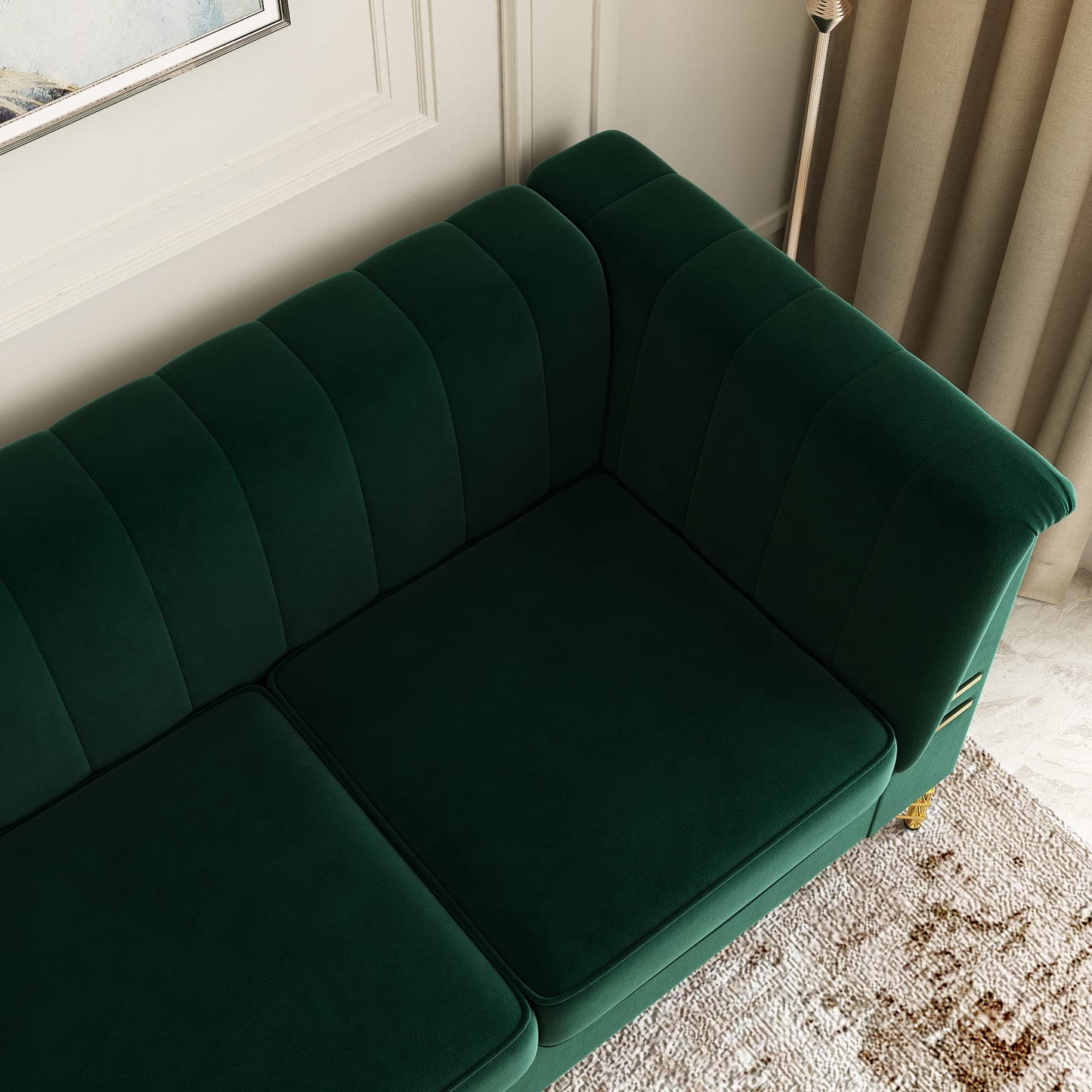 85.63" Velvet Sofa,Modern Loveseat Couch with Pillows Set of 2 for Living Room,Bedroom,Apartment Furniture with Gold Metal Legs (Green)