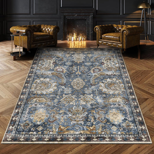 Washable Area Rugs - Perfect for Living Room, Bedroom, Kids Room, Nursery - Stain & Water Resistant Non-Slip, Pet & Child Friendly, Vintage Tribal Area Rugs (Navy, 9' x 12')