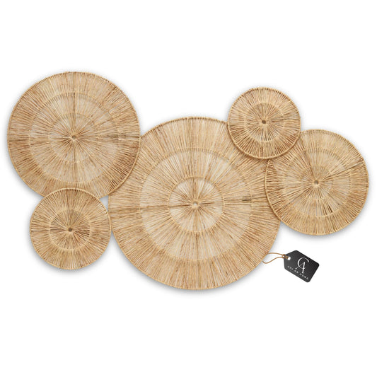 CHI AN 18 Inch Boho Wall Decor – Set of 5 Woven Jute Wall Baskets, Boho Wall Art & Decorative Basket Set, Farmhouse Wall Hanging, Handwoven Wall Plates for Living Room, Bedroom – 18", 14", 11", 8", 7"