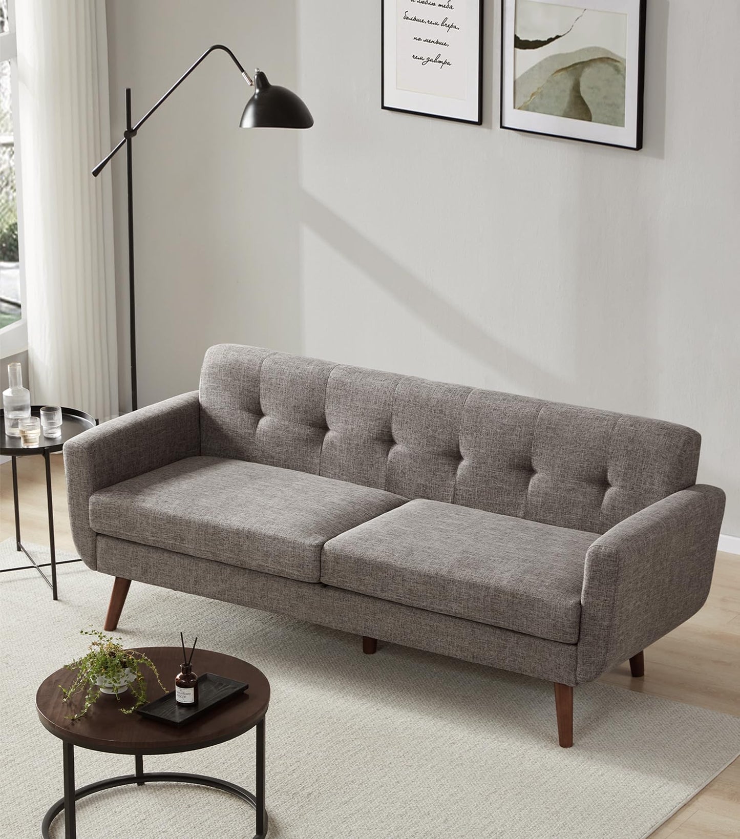 Tbfit 65" W Loveseat Sofa, Mid Century Modern Love Seat Couches for Living Room, Button Tufted Upholstered Small Couch for Bedroom, Solid and Easy to Install Love Seats Furniture, Grey