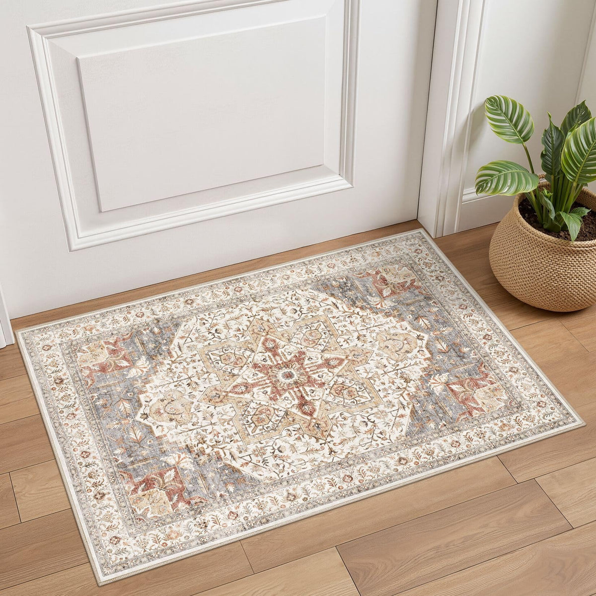 Tortania Area Rug Living Room Rugs - 9x12 Washable Boho Rug Vintage Oriental Distressed Farmhouse Large Thin Indoor Carpet for Living Room Bedroom Under Dining Table Home Office - Salmon/Azure