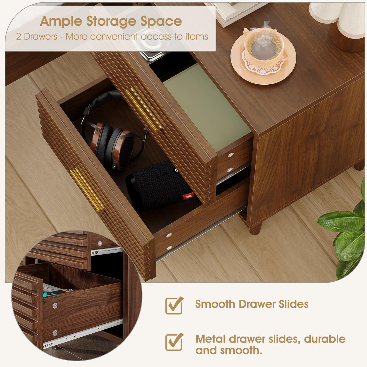 Alohappy Nightstands Set of 2, Mid Century Modern Night Stands, Fluted Bedside Table for Bedroom, Side End Table with Storage Drawers, Vintage Wood Accent Table for Living Room, Brown 2pcs