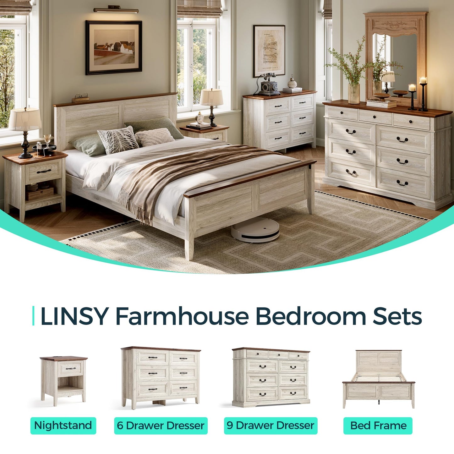 LINSY Wood Full Size Bed Frame with High Headboard, Farmhouse Bed Frame Full, Wood Bed Noise-Free, No Box Spring Needed - Grey