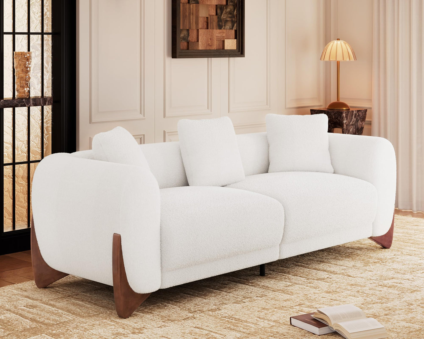 Morden Fort Modern Cloud Couch - 3 Seater Sherpa Boucle Sofa with Wood Legs, Ultra-Thick High Resilience Cushion with 3 Matching Pillows Upholstered Comfy Couch Sofa for Living Room - Off White