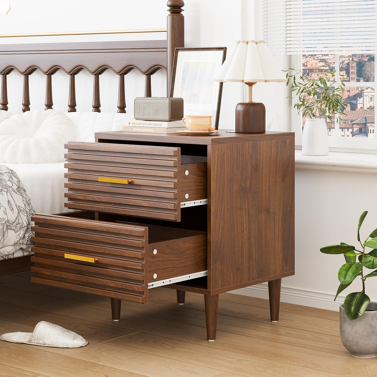 Alohappy Nightstands Set of 2, Mid Century Modern Night Stands, Fluted Bedside Table for Bedroom, Side End Table with Storage Drawers, Vintage Wood Accent Table for Living Room, Brown 2pcs