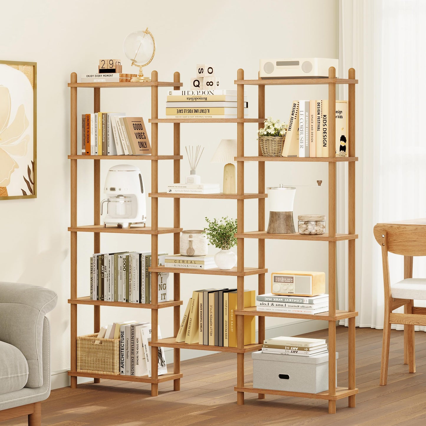 IOTXY Wooden Triple Wide Bookshelf - 5-Tier Large Shelf Bookcase with Solid Beech Frame, Tall Freestanding Open Etagere Display Rack for Home Office, Walnut