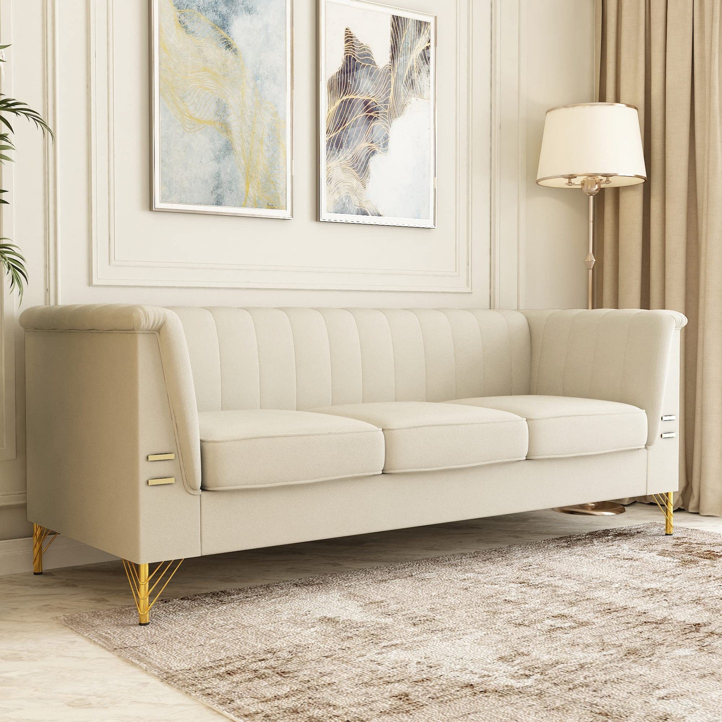 85.63" Velvet Sofa,Modern Loveseat Couch with Pillows Set of 2 for Living Room,Bedroom,Apartment Furniture with Gold Metal Legs (Green)