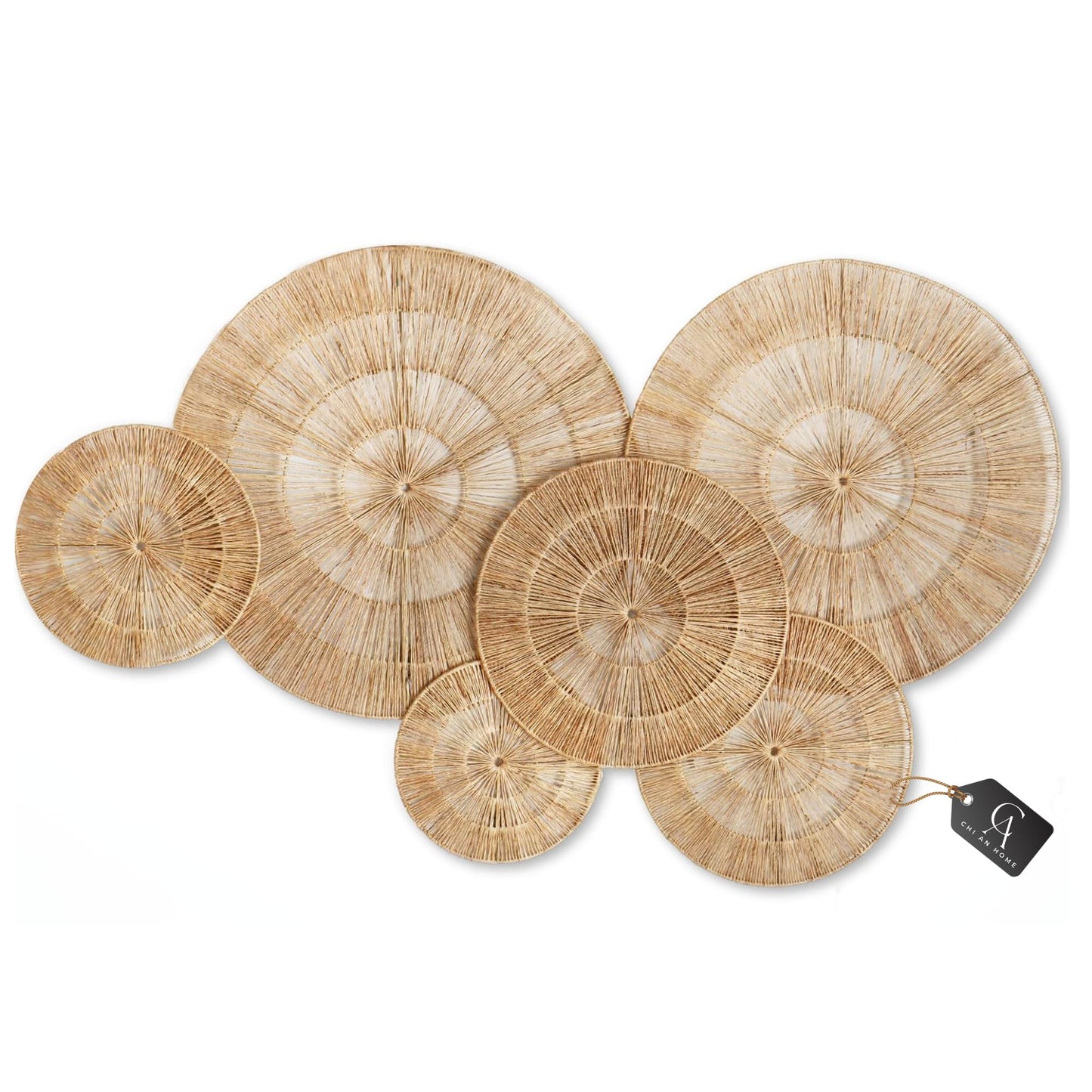 CHI AN 18 Inch Boho Wall Decor – Set of 5 Woven Jute Wall Baskets, Boho Wall Art & Decorative Basket Set, Farmhouse Wall Hanging, Handwoven Wall Plates for Living Room, Bedroom – 18", 14", 11", 8", 7"