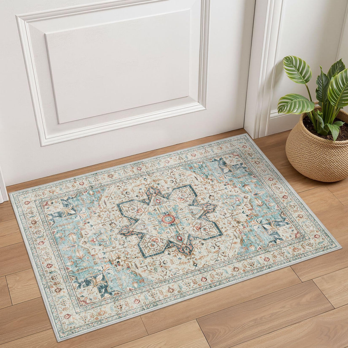 Tortania Area Rug Living Room Rugs - 9x12 Washable Boho Rug Vintage Oriental Distressed Farmhouse Large Thin Indoor Carpet for Living Room Bedroom Under Dining Table Home Office - Salmon/Azure