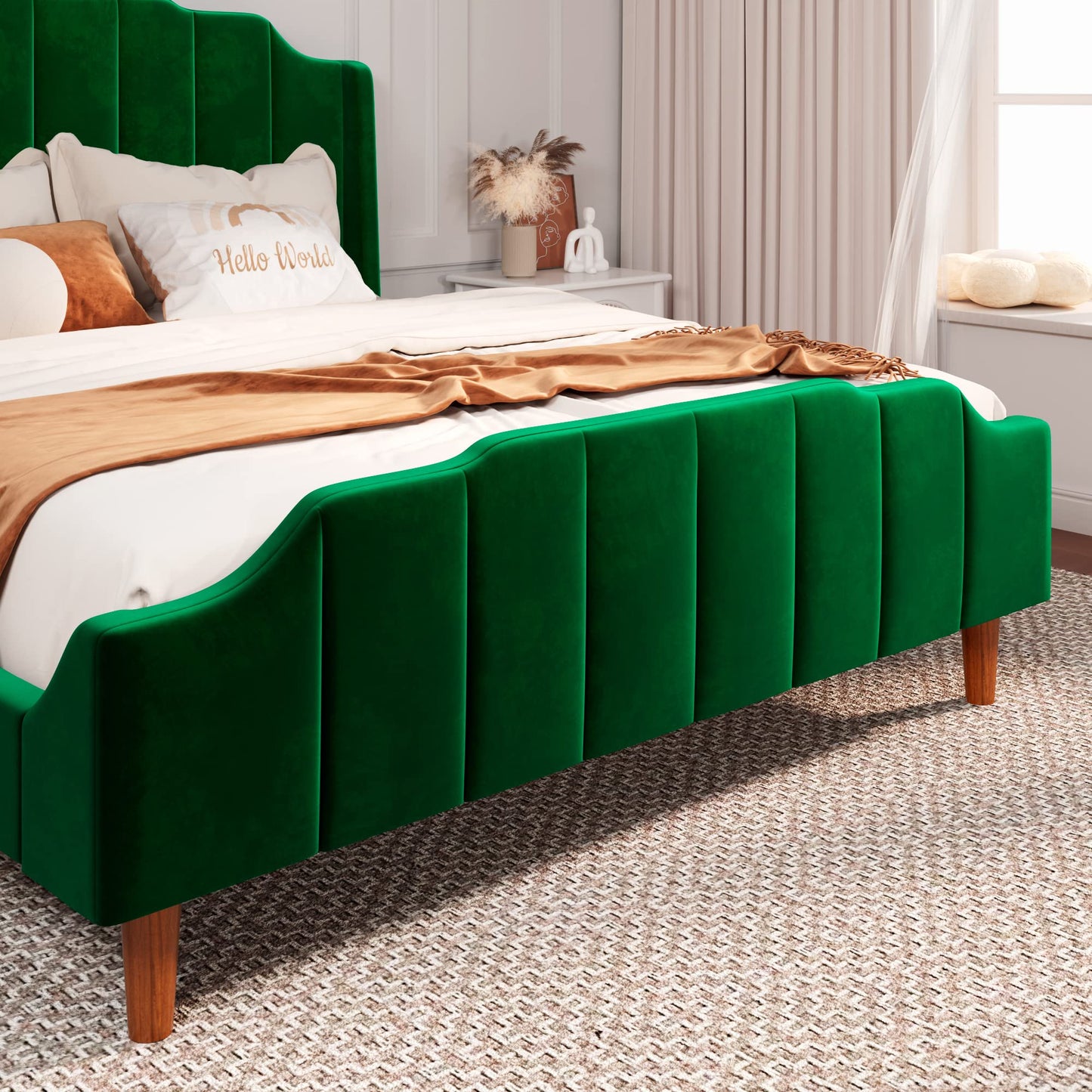 Allewie Queen Size Velvet Bed Frame Upholstered Platform Bed with Vertical Headboard and Footboard, Solid Wood Leg and Strong Slats Support, No Box Spring Needed, Easy Assembly, Blue