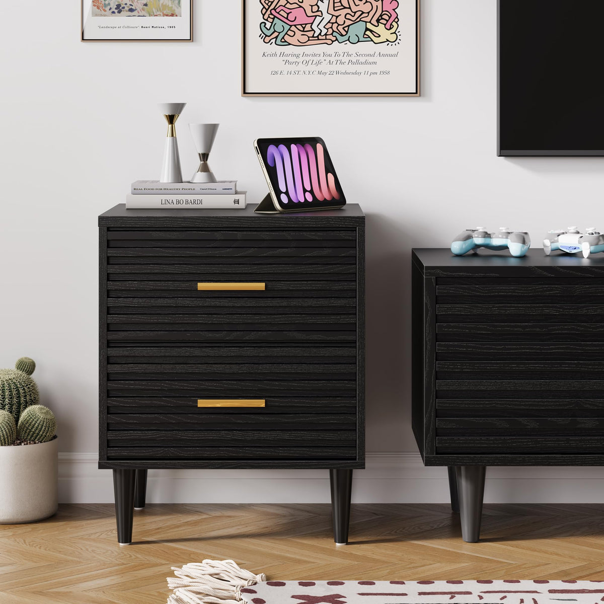 Alohappy Nightstands Set of 2, Mid Century Modern Night Stands, Fluted Bedside Table for Bedroom, Side End Table with Storage Drawers, Vintage Wood Accent Table for Living Room, Brown 2pcs