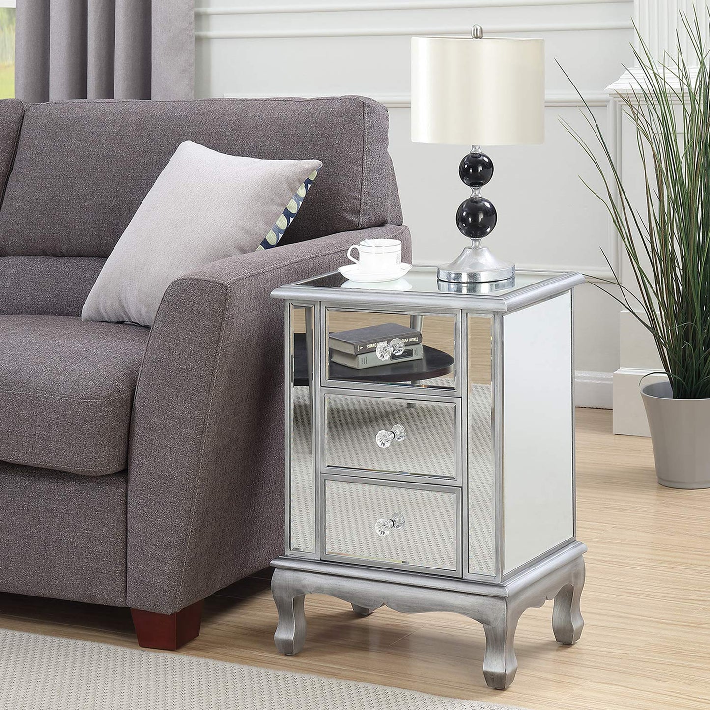 Convenience Concepts Gold Coast Vineyard Mirrored End Table 19" - Living Room Table with 3 Drawers for Storage, Nightstand Side Table, Weathered White/Mirror