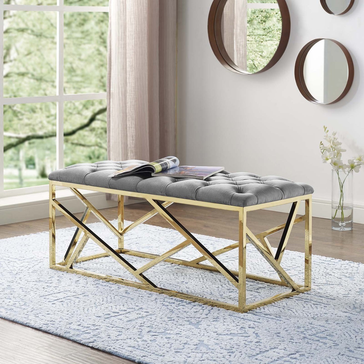 Modway intersperse Button-Tufted Contemporary Modern with Metallic Frame, Bench, Silver Gray