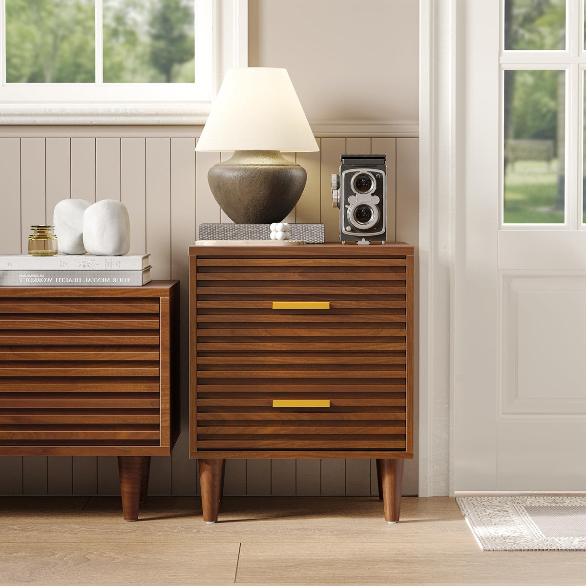 Alohappy Nightstands Set of 2, Mid Century Modern Night Stands, Fluted Bedside Table for Bedroom, Side End Table with Storage Drawers, Vintage Wood Accent Table for Living Room, Brown 2pcs