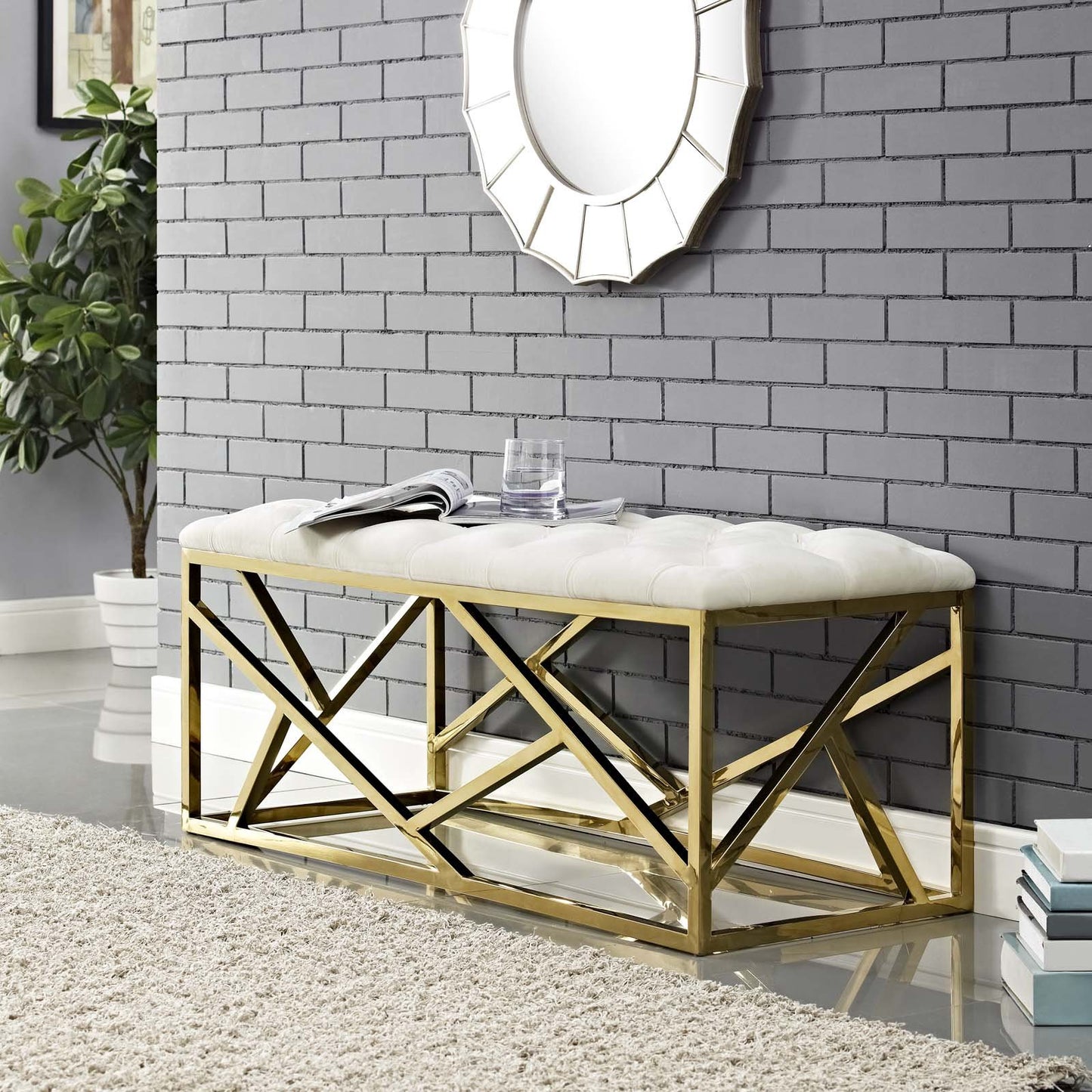 Modway intersperse Button-Tufted Contemporary Modern with Metallic Frame, Bench, Silver Gray