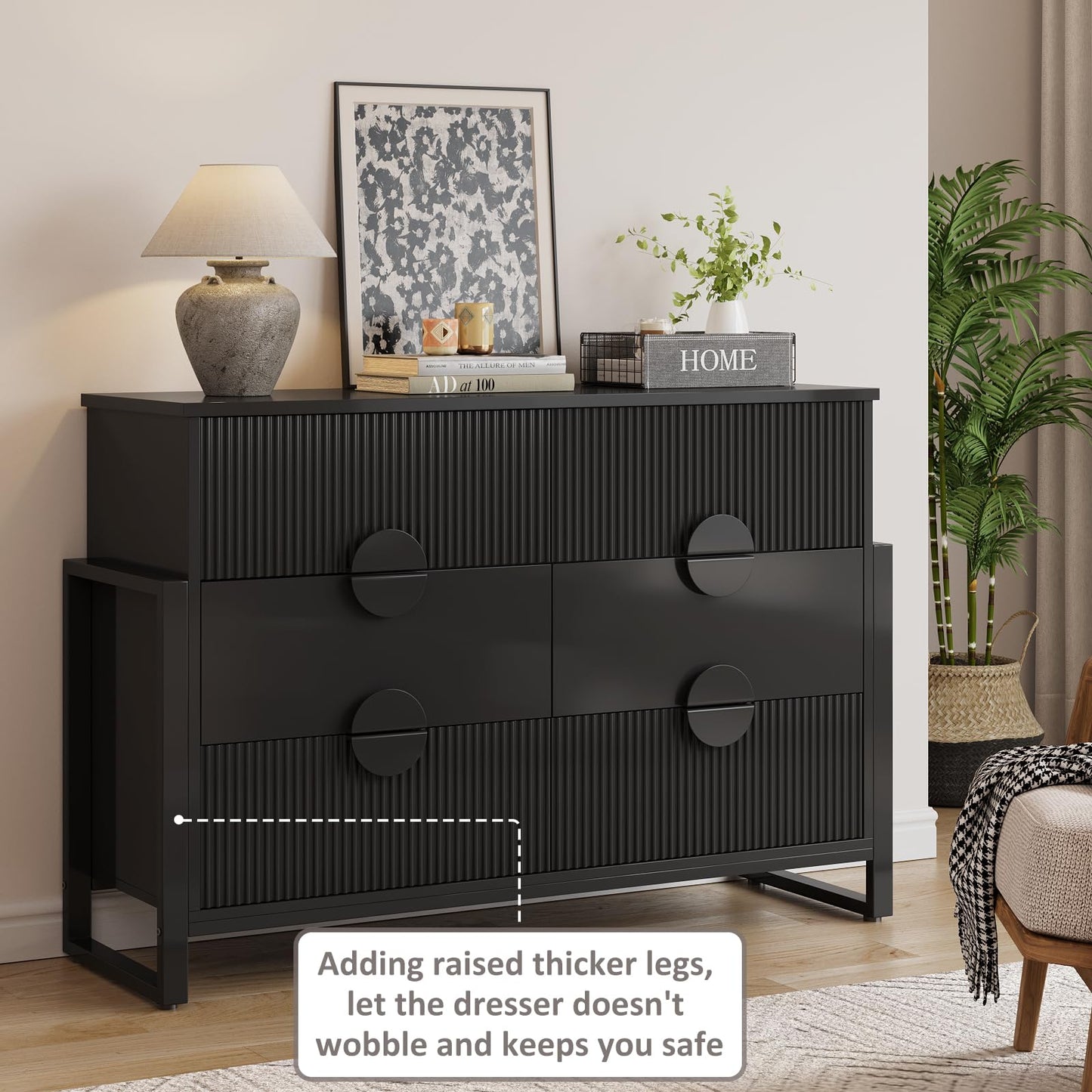 LGHM Fluted Gray Dresser for Bedroom, 50" Wide Chest of Drawers, Modern 6 Deep Drawers Dresser with Raised H Legs -Curved Profile Design, Easy Round Handles for Bedroom,Livingroom, Hallway, Gray