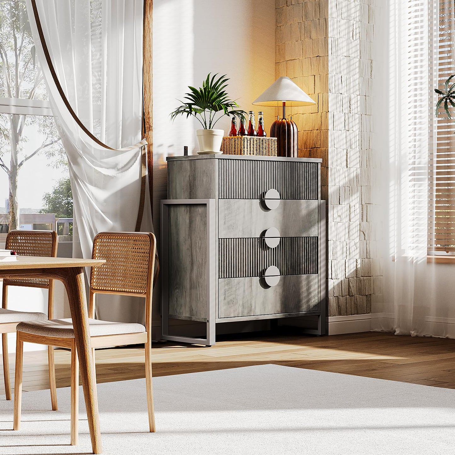 LGHM Fluted Gray Dresser for Bedroom, 50" Wide Chest of Drawers, Modern 6 Deep Drawers Dresser with Raised H Legs -Curved Profile Design, Easy Round Handles for Bedroom,Livingroom, Hallway, Gray
