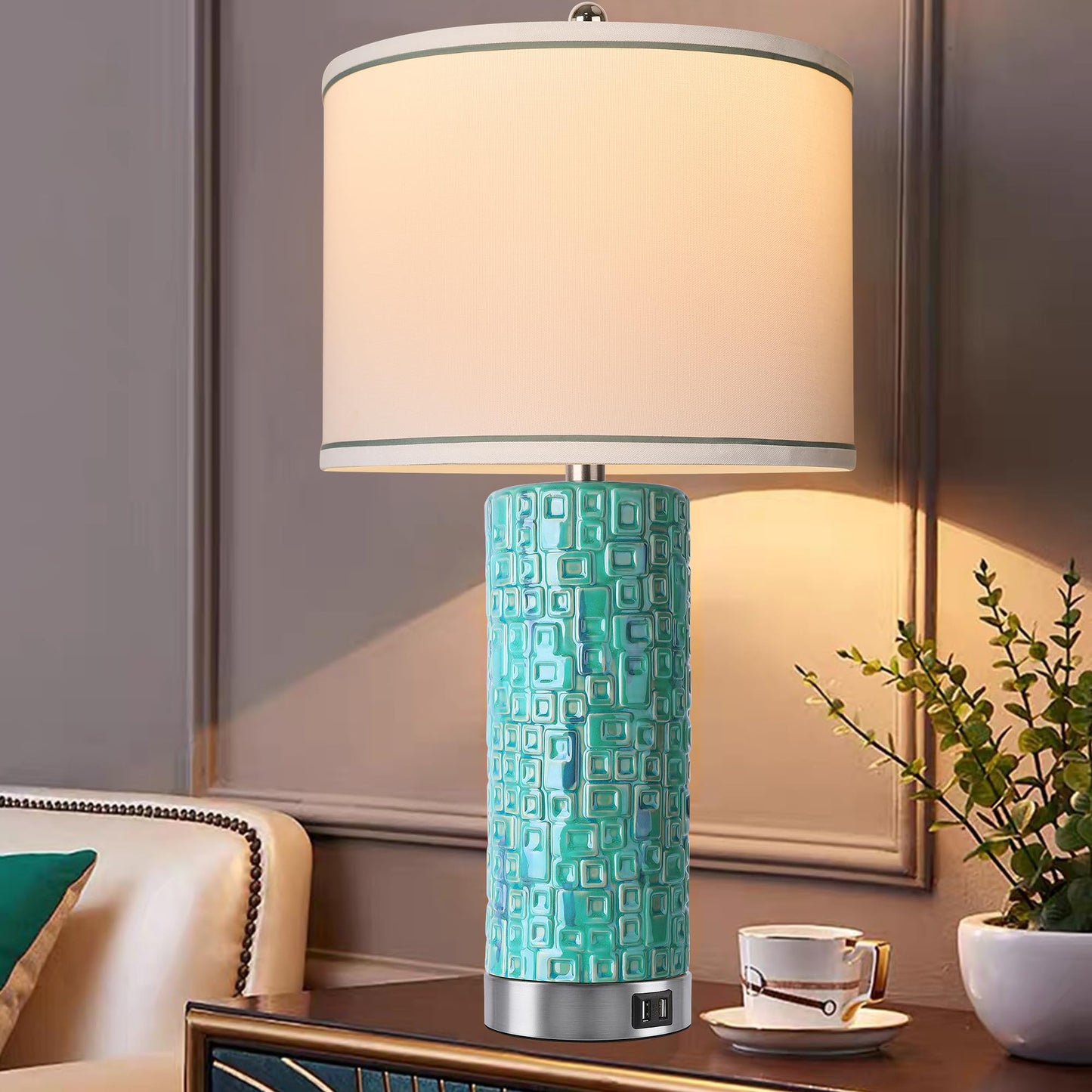 CeramicTable Lamps Set of 2 Lamps for Bedroom Living Room Office 26" Rotary Coastal Bedside Lamp for Nightstand with 2 USB Ports 3-Colors