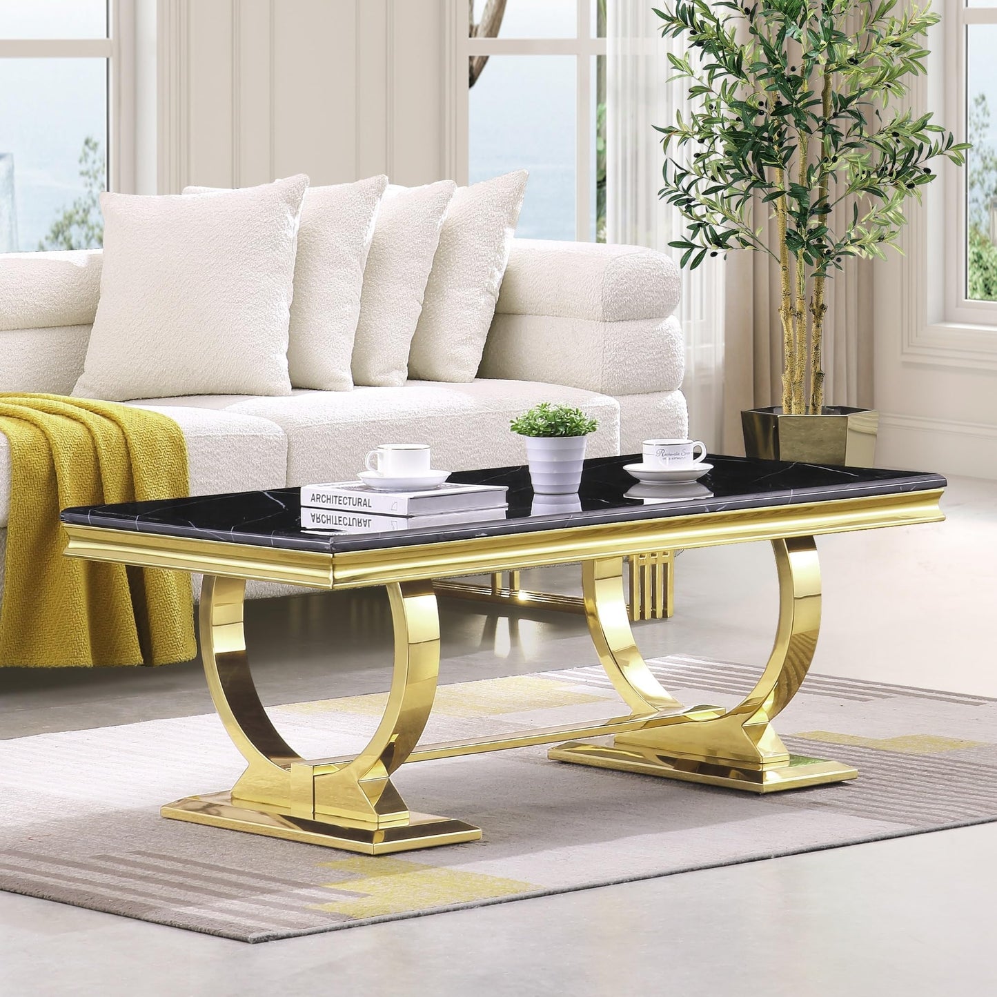 Asday Gold and White Coffee Table, Rectangle Marble Living Room Tea Table, Elegant Coffee Table for Living Room, Guest Hall, Reception Room