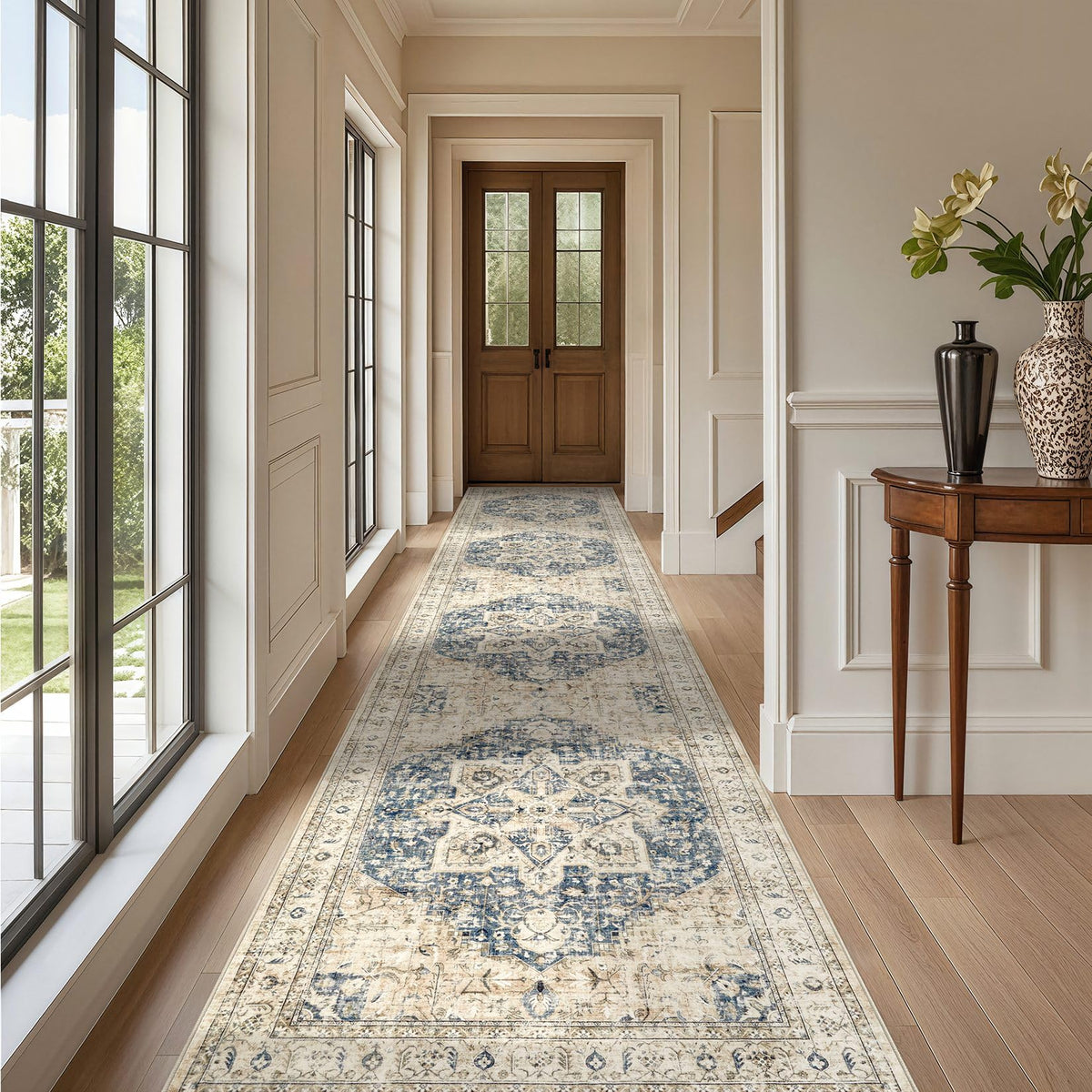 Tortania Area Rug Living Room Rugs - 9x12 Washable Boho Rug Vintage Oriental Distressed Farmhouse Large Thin Indoor Carpet for Living Room Bedroom Under Dining Table Home Office - Salmon/Azure