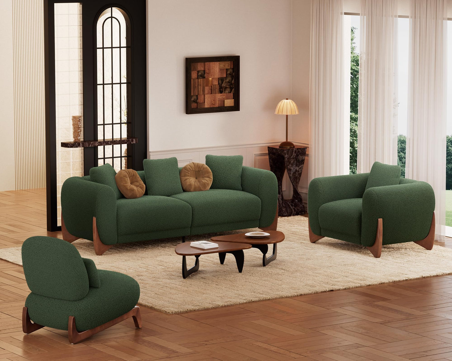Morden Fort Modern Cloud Couch - 3 Seater Sherpa Boucle Sofa with Wood Legs, Ultra-Thick High Resilience Cushion with 3 Matching Pillows Upholstered Comfy Couch Sofa for Living Room - Off White