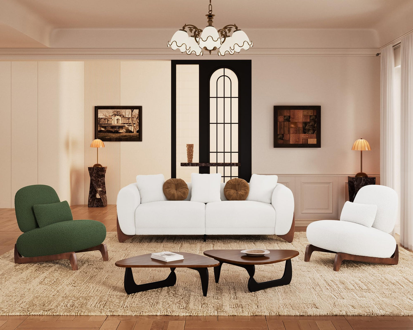 Morden Fort Modern Cloud Couch - 3 Seater Sherpa Boucle Sofa with Wood Legs, Ultra-Thick High Resilience Cushion with 3 Matching Pillows Upholstered Comfy Couch Sofa for Living Room - Off White