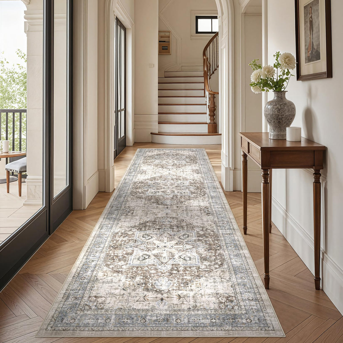 Tortania Area Rug Living Room Rugs - 9x12 Washable Boho Rug Vintage Oriental Distressed Farmhouse Large Thin Indoor Carpet for Living Room Bedroom Under Dining Table Home Office - Salmon/Azure