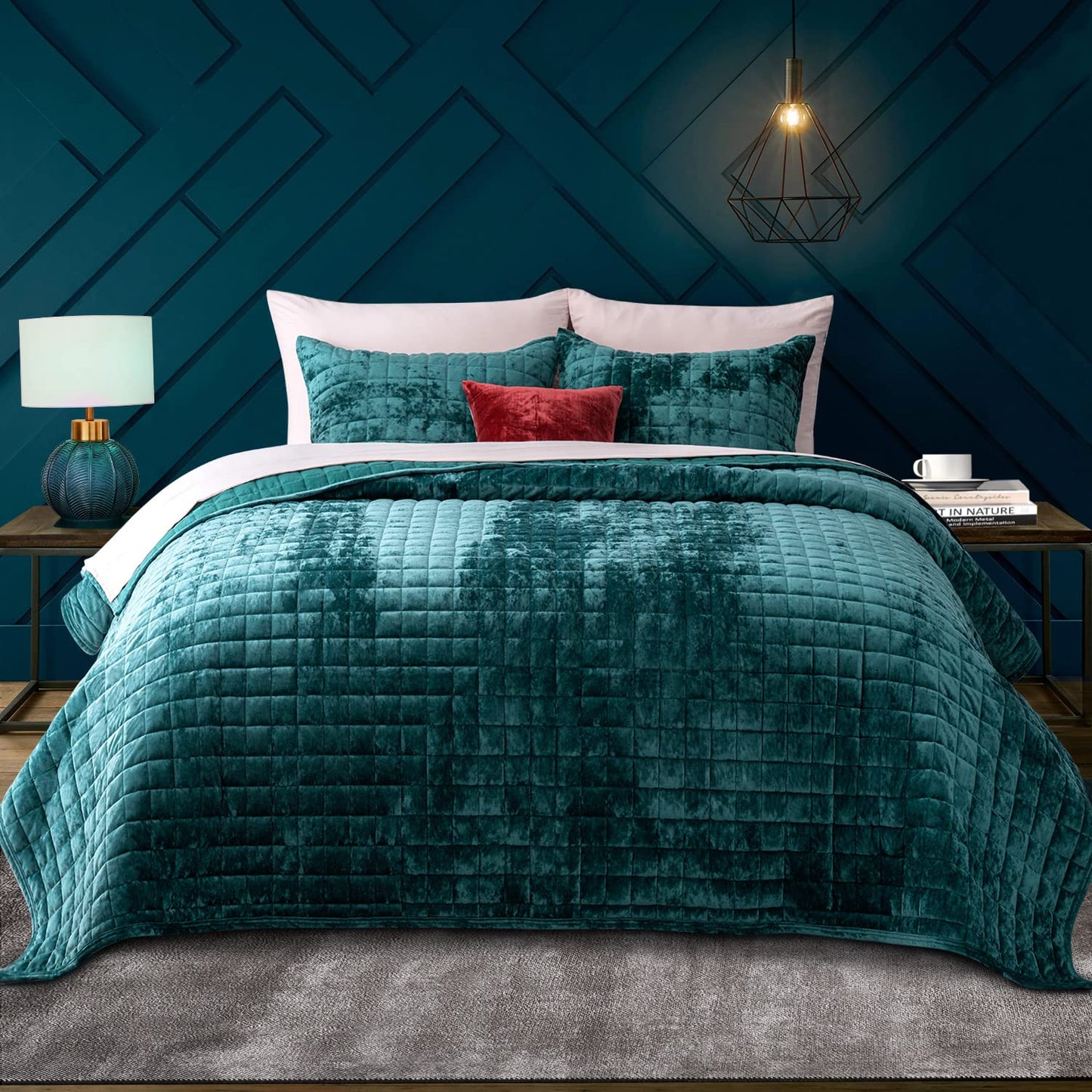 RECYCO Luxury Velvet Quilt Set King Size, Lightweight Velvet Comforter Set, Oversized Bedspread Coverlet Quilted Bedding Set, with 2 Matching Pillow Shams, for All Season, Navy Blue